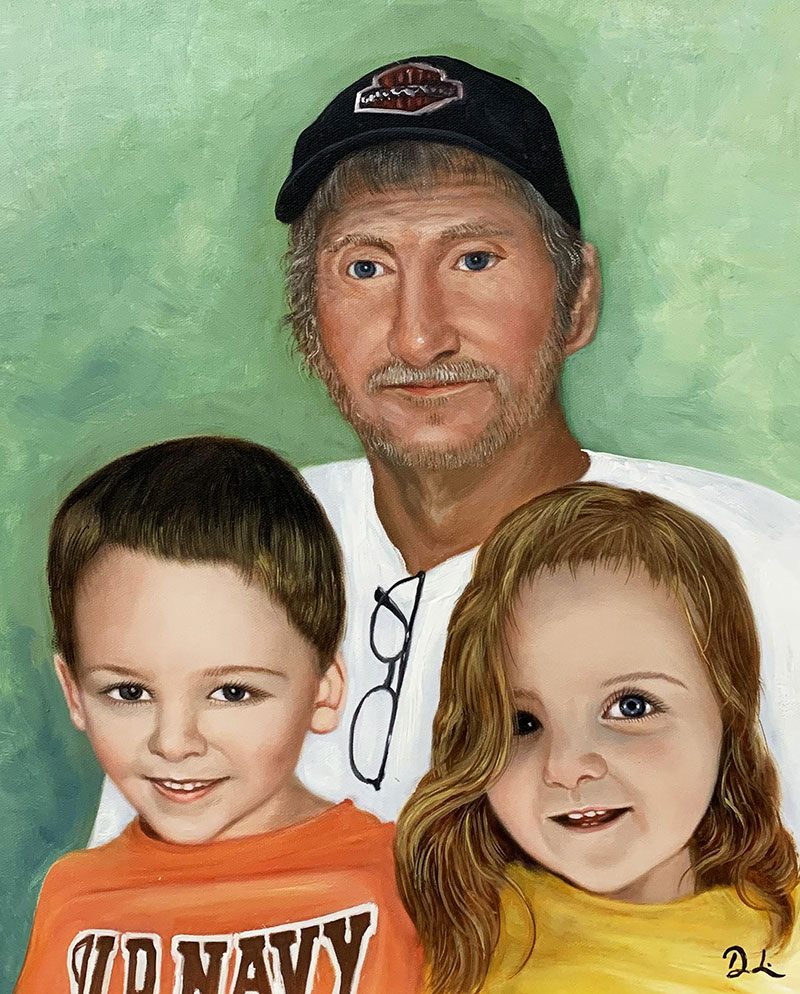 Custom acrylic painting of a grandfather and grand kids