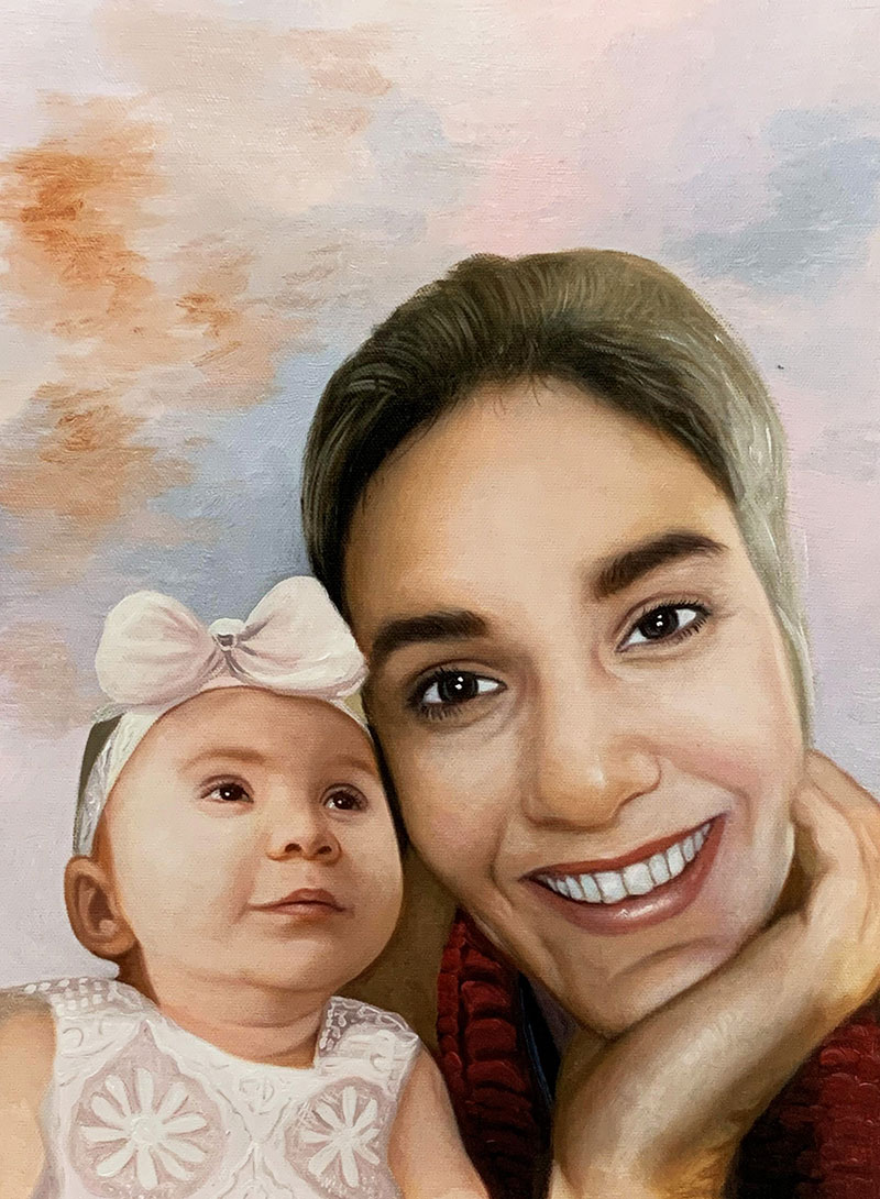 Personalized close up oil portrait of a mother and daughter