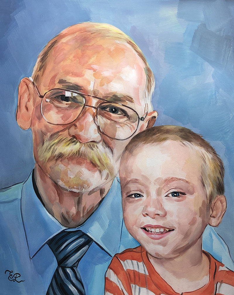 Beautiful pastel painting of a grandfather and a grandson