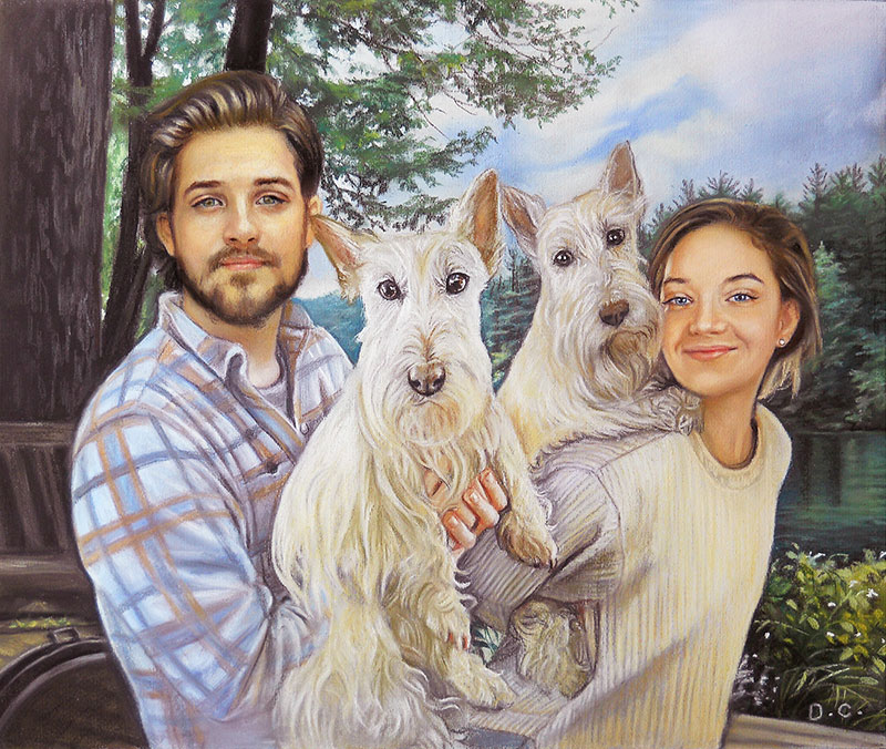 Beautiful pastel painting of a couple with two dogs