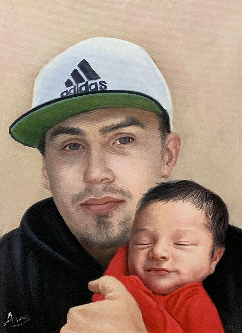 Personalized handmade oil artwork of a father holding son