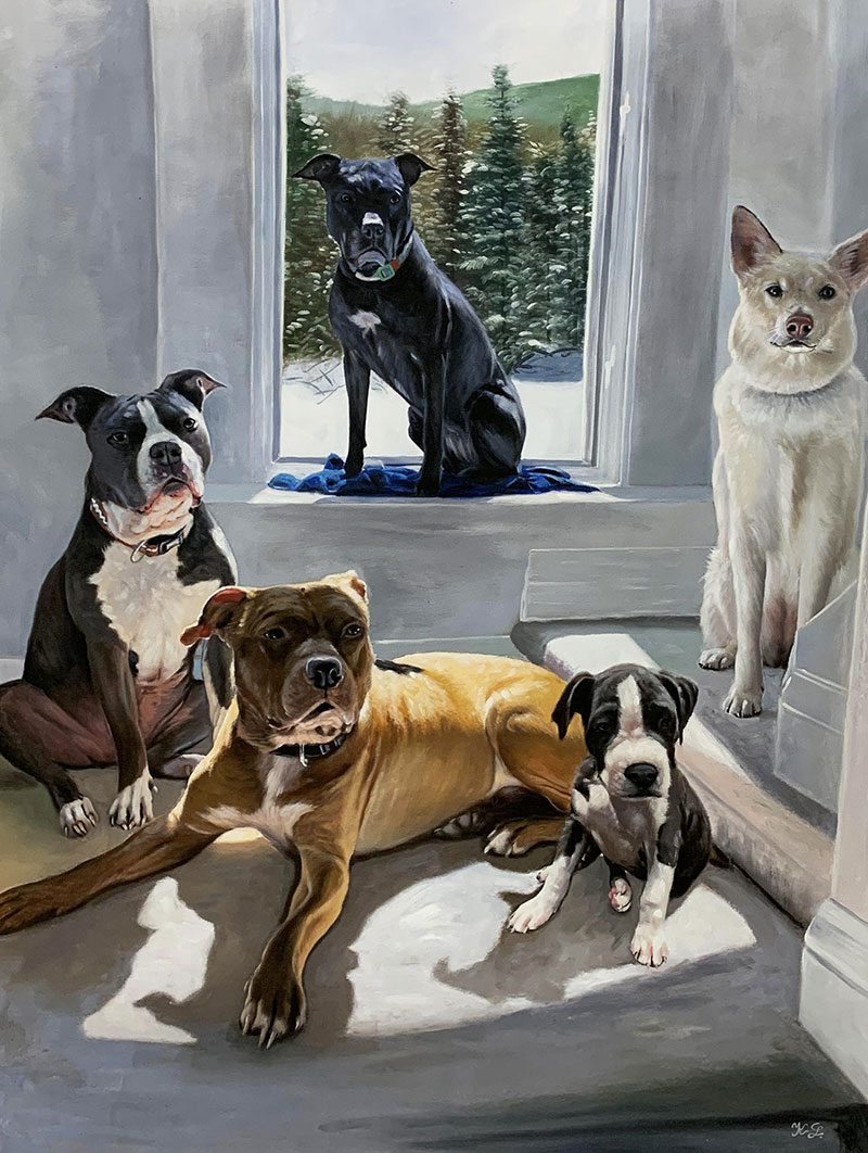 Painting of four dogs, three sitting and one lying down, near a window overlooking a snowy landscape.