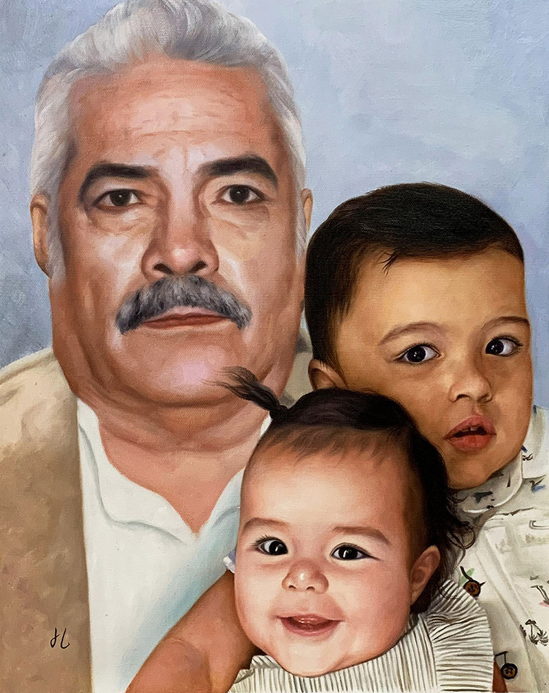 Painting of a grandfather with two grandchildren.