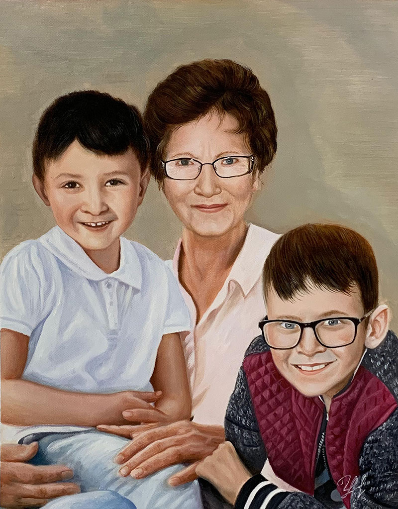 Painted portrait of a grandmother with two grandsons.