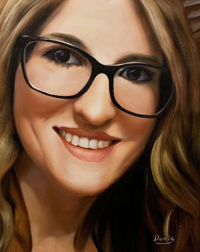 Beautiful close up oil portrait of a lady with glasses