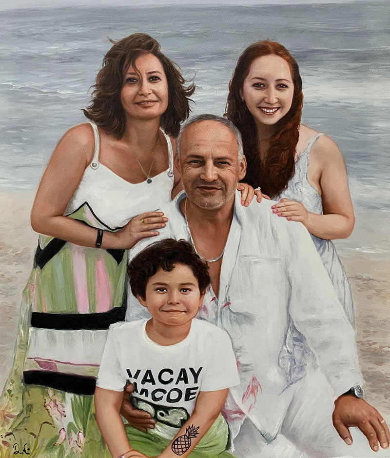 Family portrait painting at the beach.