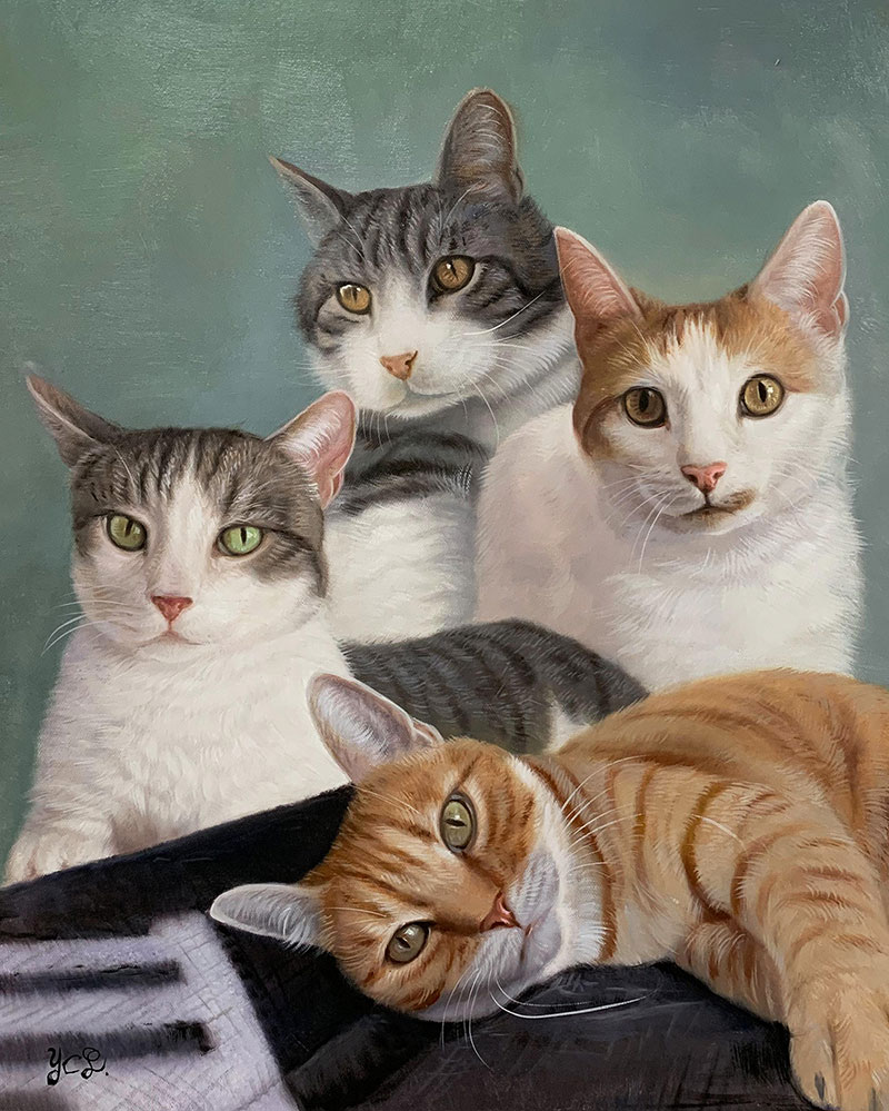 Painting of four cats, two gray and white, one orange and white, and one orange tabby.
