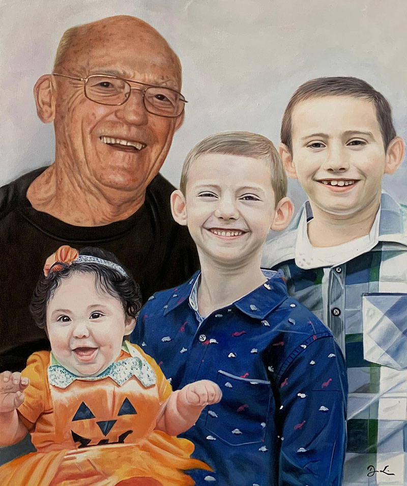 Beautiful acrylic painting of a grandfather and grand kids