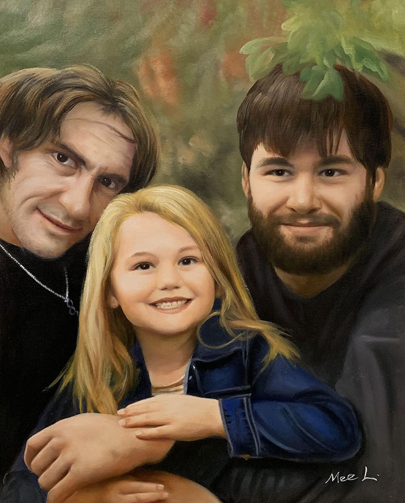 Custom oil artwork of two adults and a girl