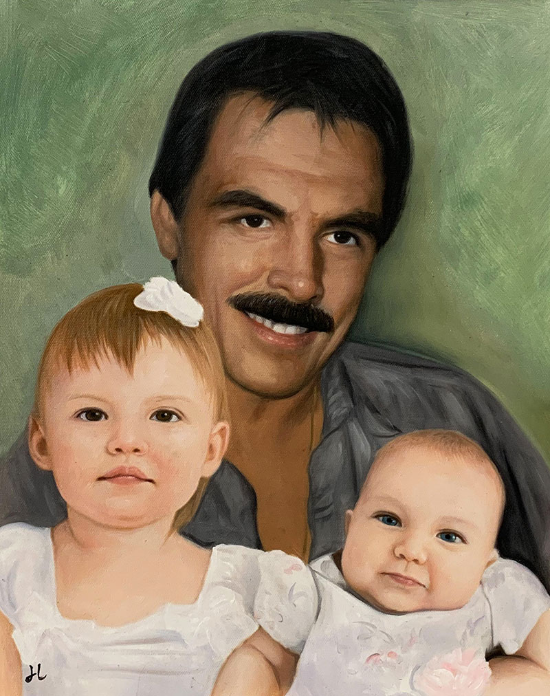 Painting of a father holding his two young daughters.