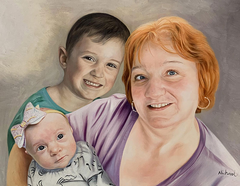 Painted portrait of a woman with a young boy and baby.