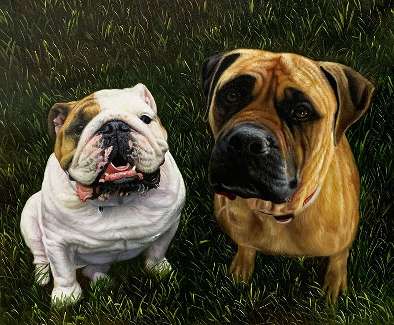 Painting of a bulldog and a bullmastiff sitting in grass.