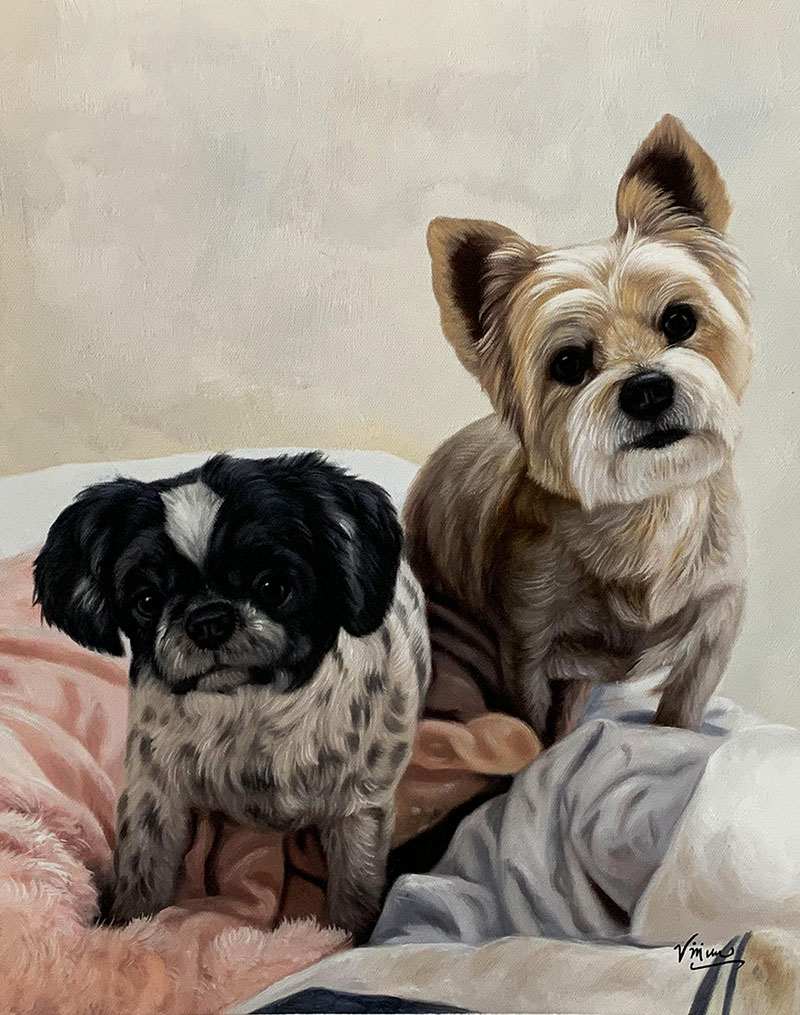Painting of two small dogs, one black and white, the other light brown, sitting on a pink blanket.