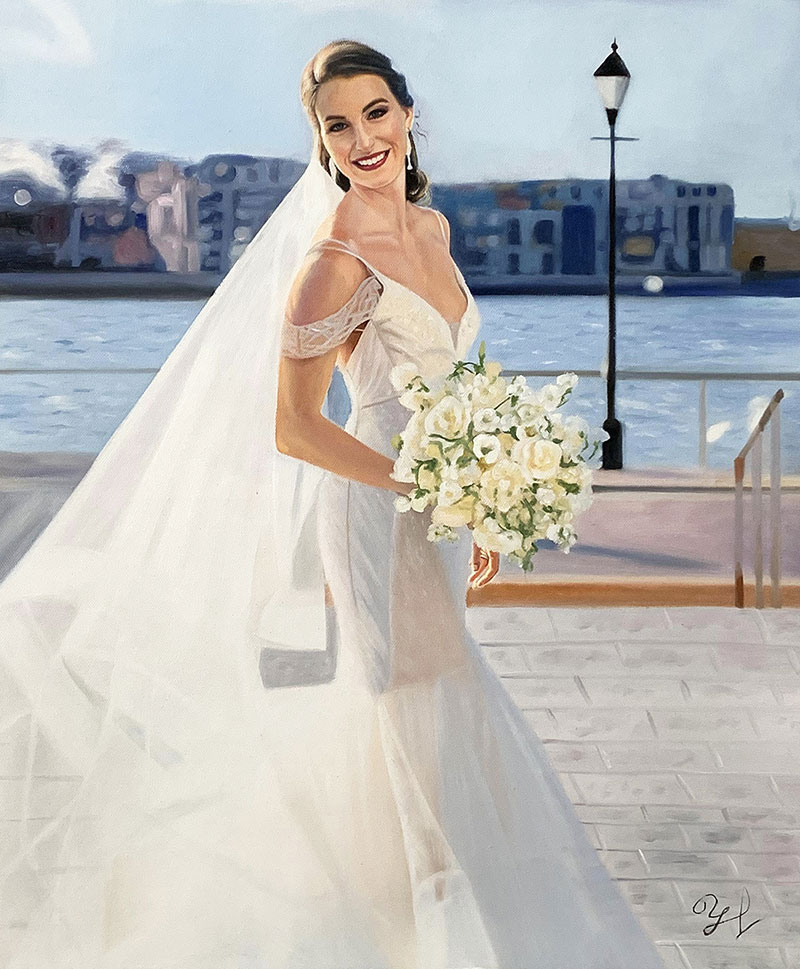 Personalized handmade oil portrait of a gorgeous bride