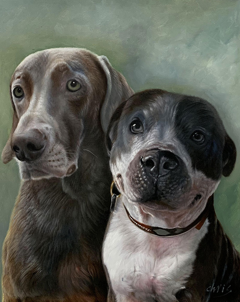 Painting of a Weimaraner and a Staffordshire Bull Terrier.