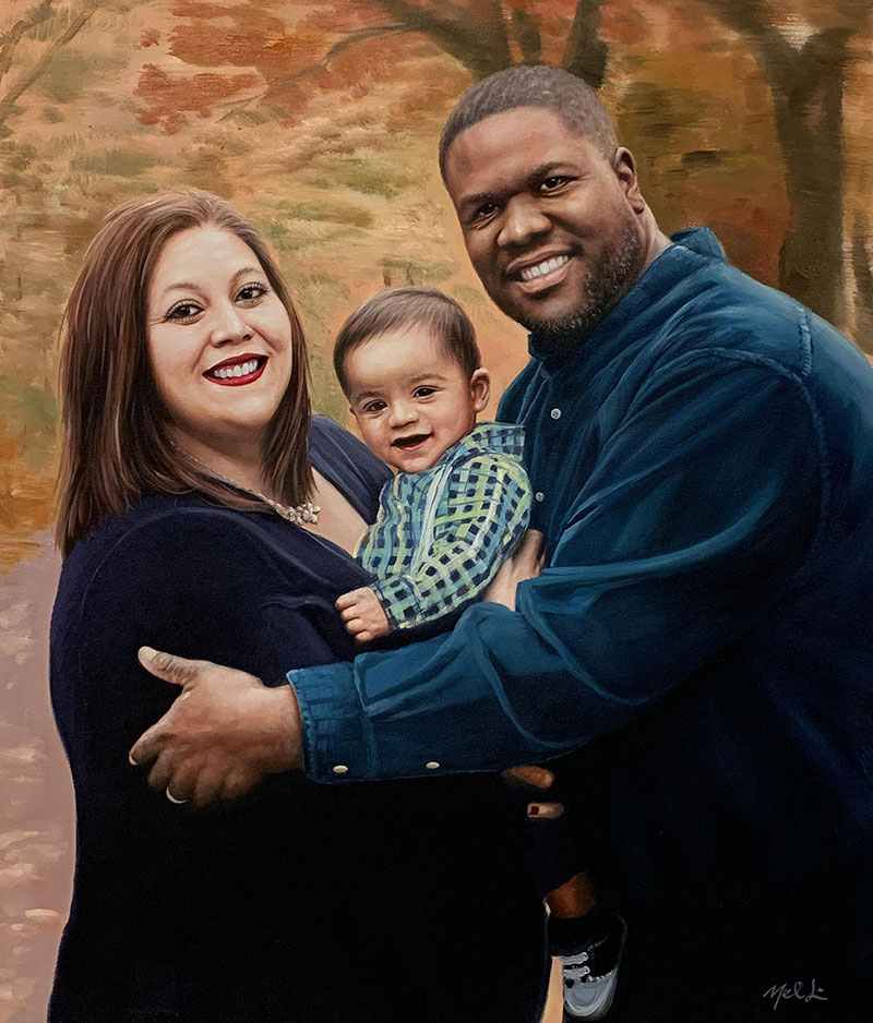 Beautiful handmade oil painting of parents with child