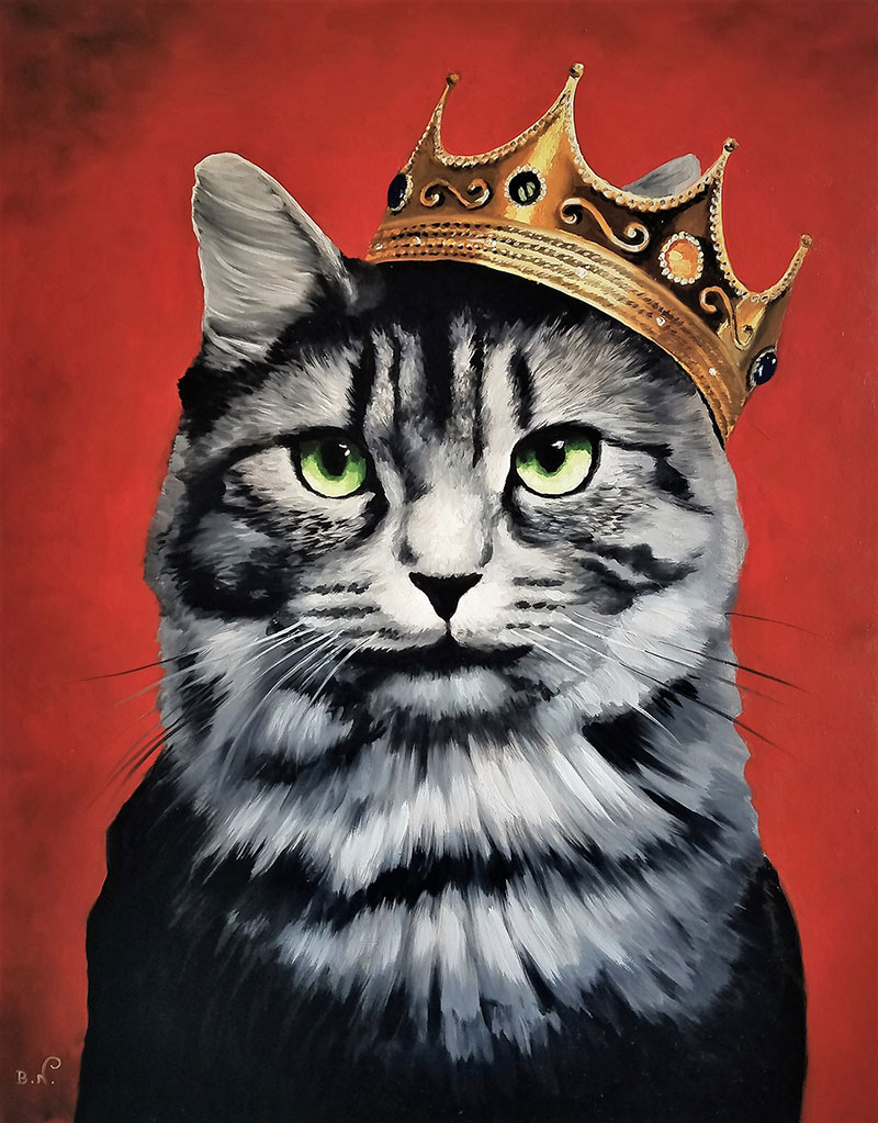 Custom handmade oil artwork of a cat with crown