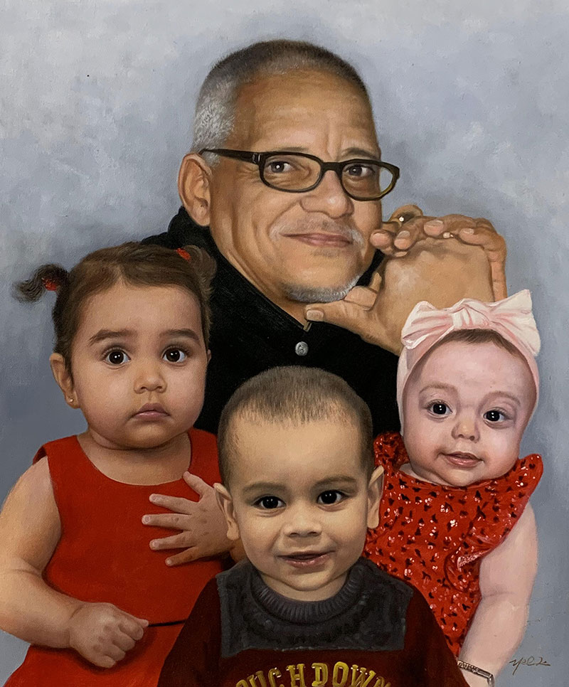 Personalized oil portrait of a grandfather and grandchildren