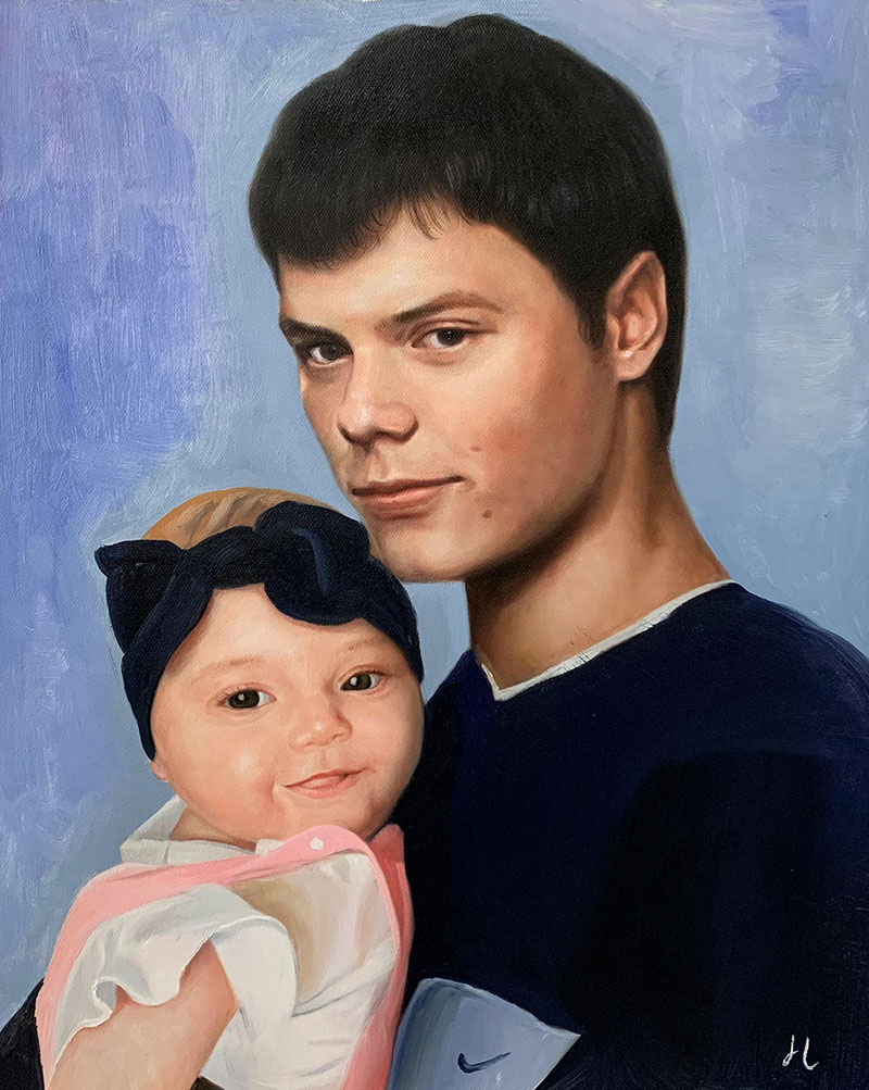 Beautiful handmade oil portrait of a father and daughter