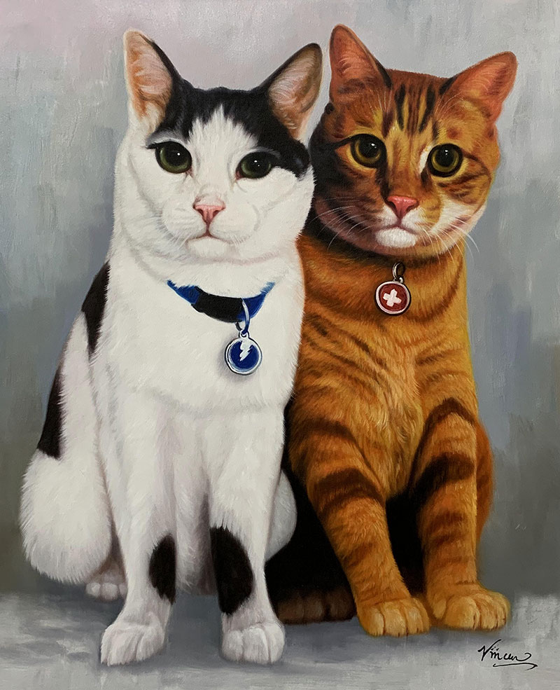 Painting of two cats sitting side-by-side, one black and white, the other orange tabby, both wearing collars with tags.