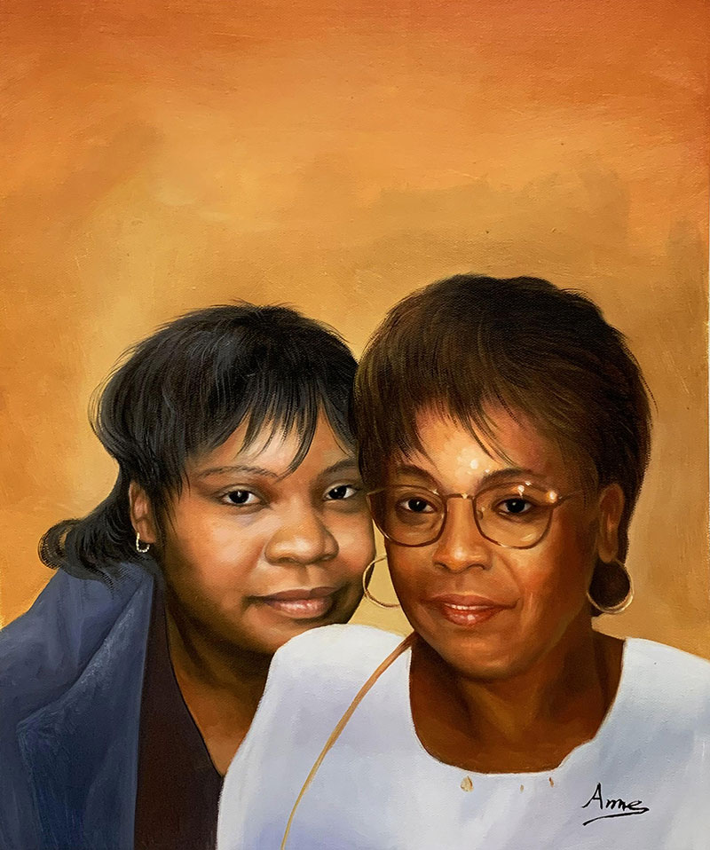 Beautiful oil painting of two adults with a solid background