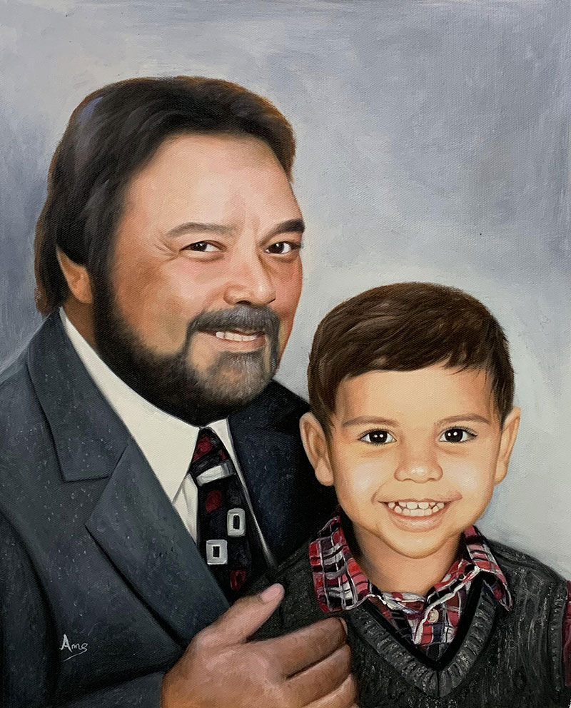Beautiful oil painting of a father and son