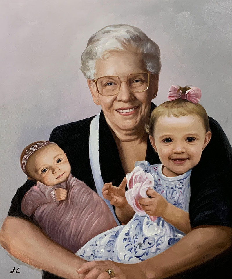 Gorgeous oil painting of a grandmother with kids