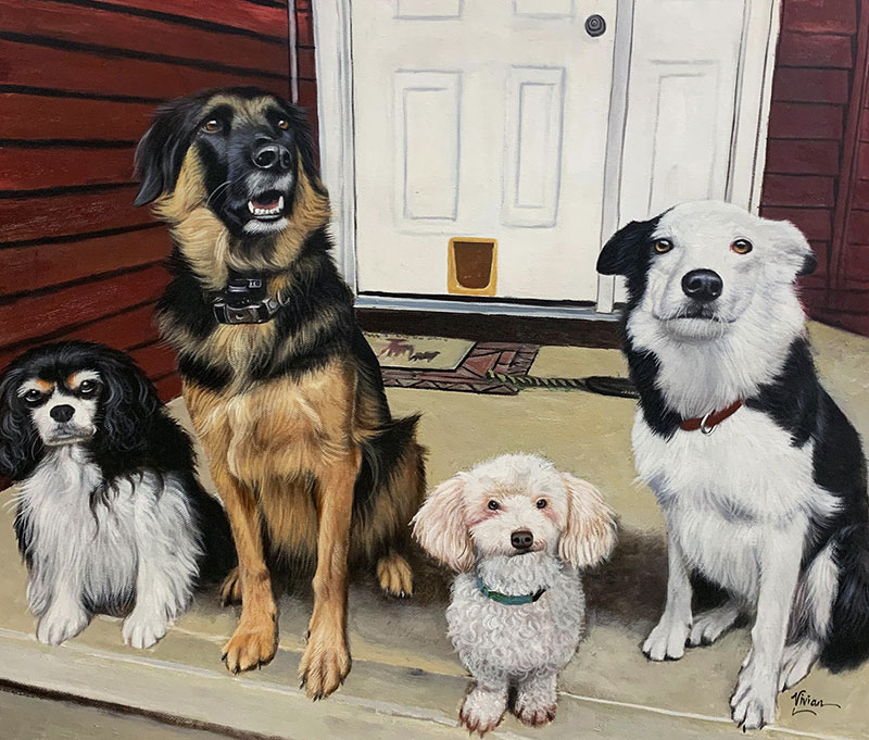 Painting of four dogs sitting on a porch.