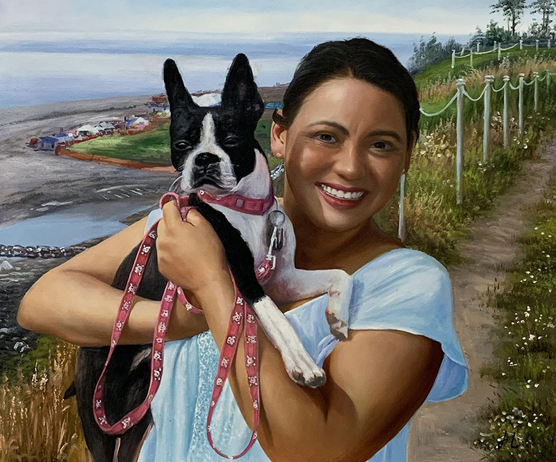 Stunning handmade oil painting of an adult with a pet