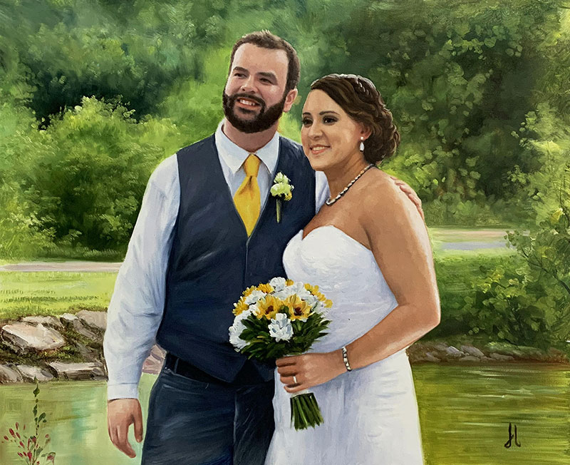 Beautiful oil painting of a just married couple