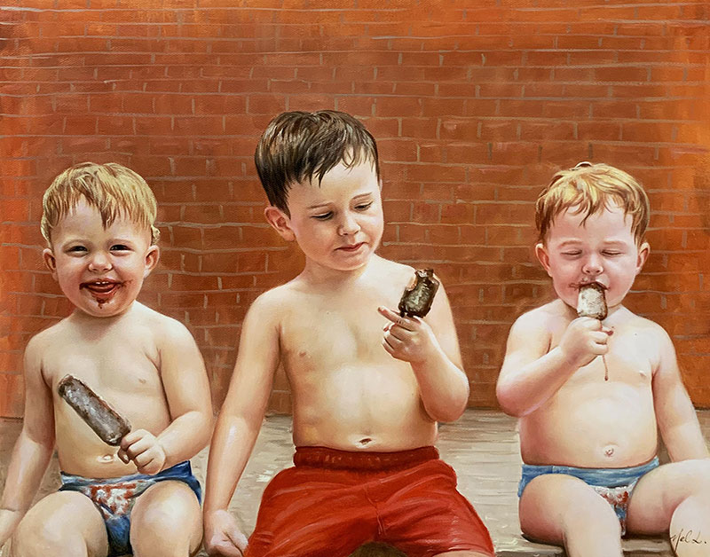 Beautiful oil painting of three kids eating ice cream
