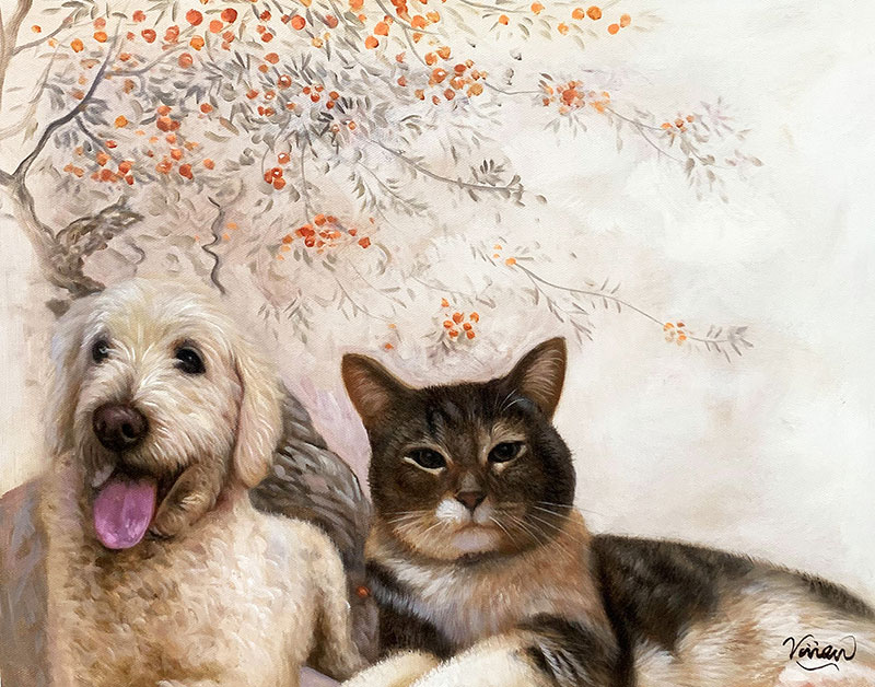 Painting of a dog and cat under a flowering branch.