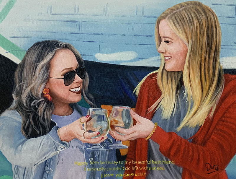 Beautiful handmade oil painting of two friends