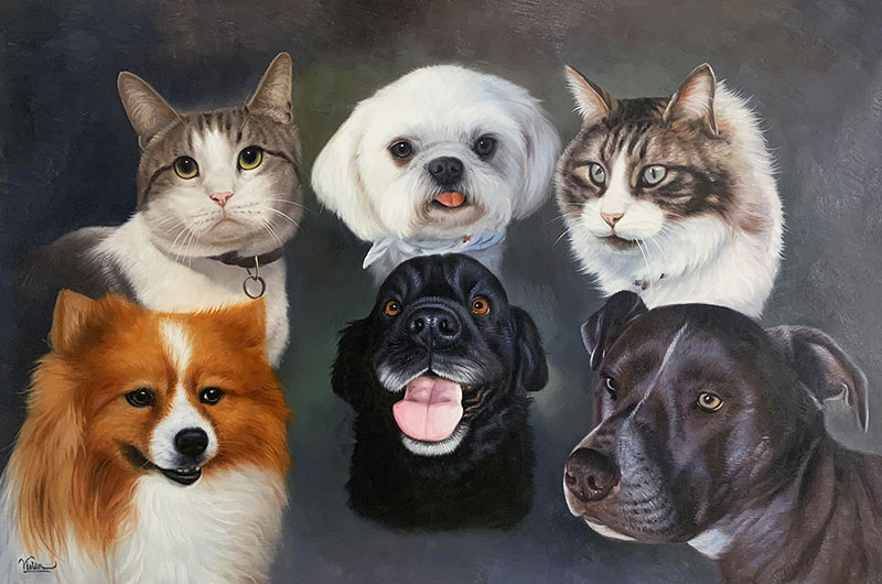 Custom acrylic painting of six pets