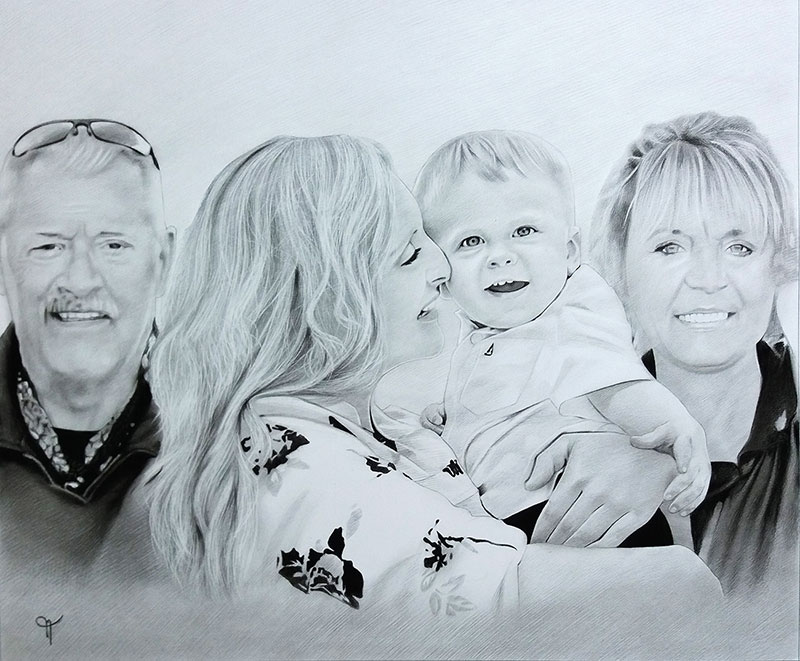 Beautiful handmade charcoal painting of a family