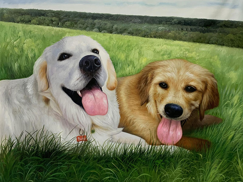 Custom handmade oil painting of two dogs