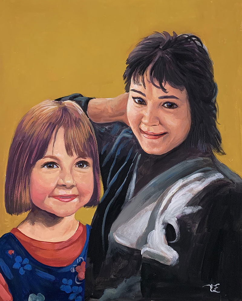 Beautiful pastel painting of a mother and a daughter