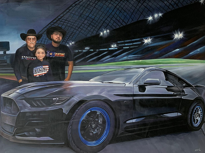 Custom handmade oil painting of a family with a car