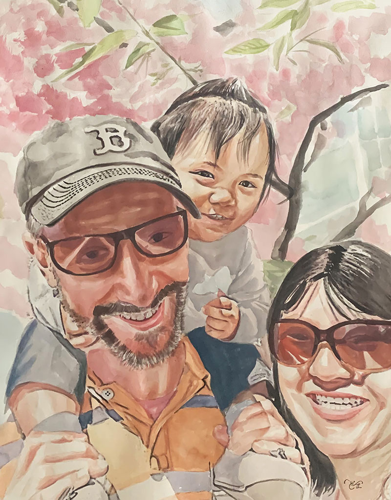 Gorgeous watercolor painting of a couple with a baby