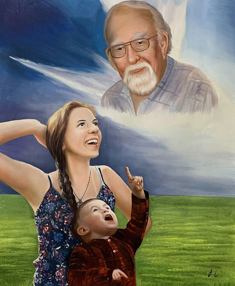 Painting of a woman and child looking up at a deceased grandfather in heaven.