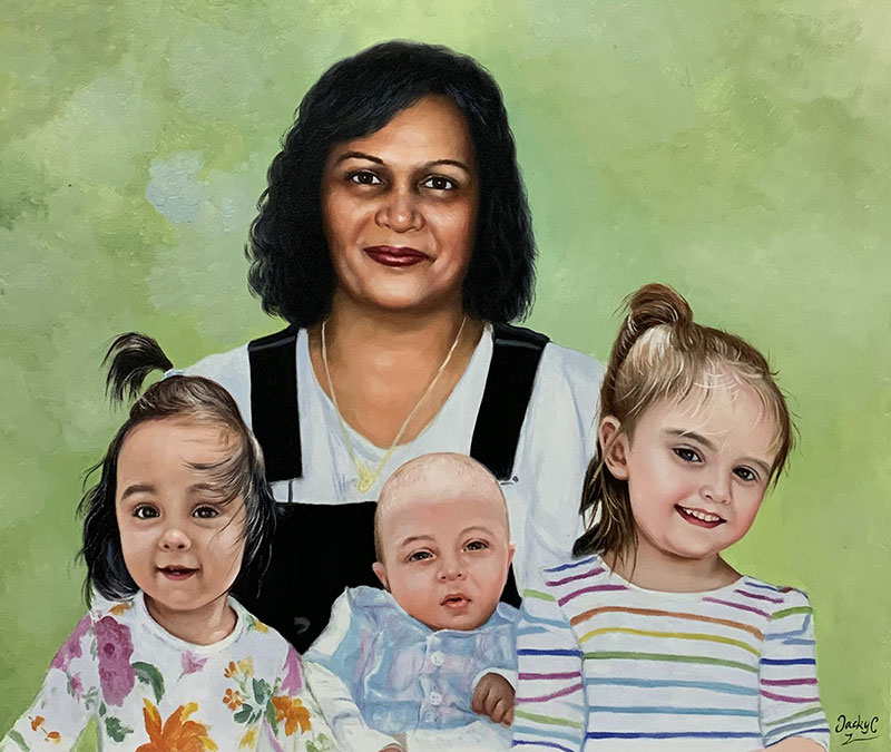 Beautiful handmade oil painting of a woman with three kids