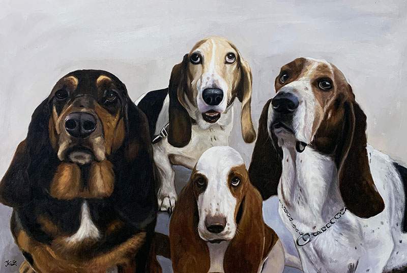 Painting of four basset hounds.