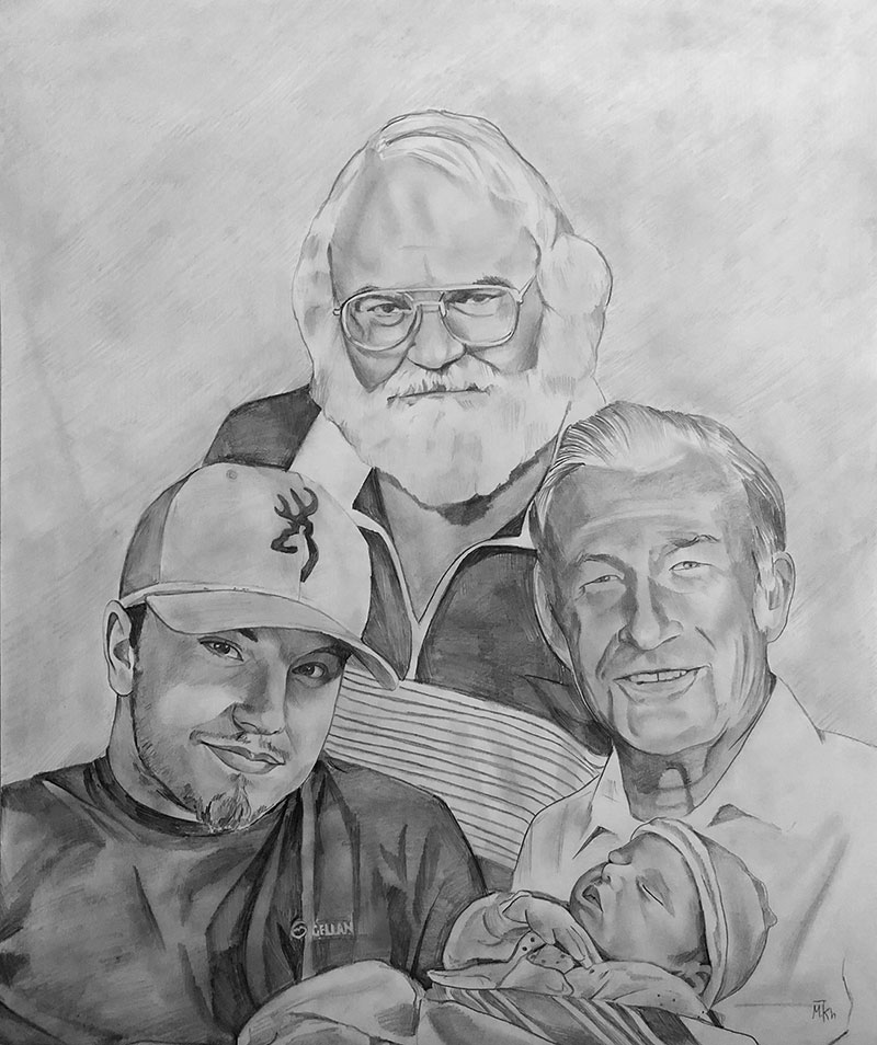 Beautiful handmade black pencil painting of a family
