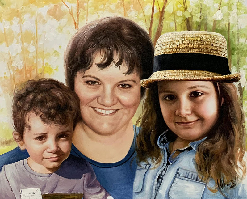 Personalized oil painting of a grandmother with grand kids