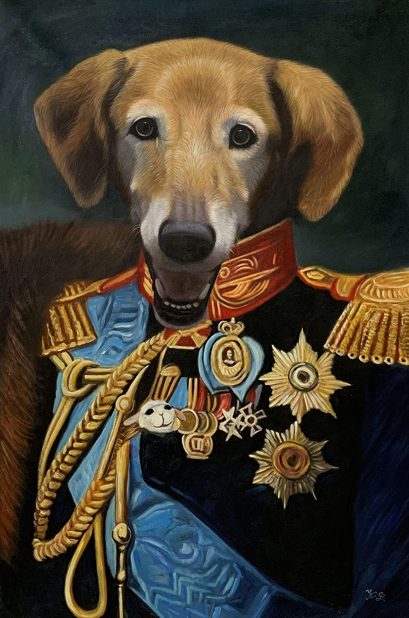 Custom acrylic painting of a dog in uniform