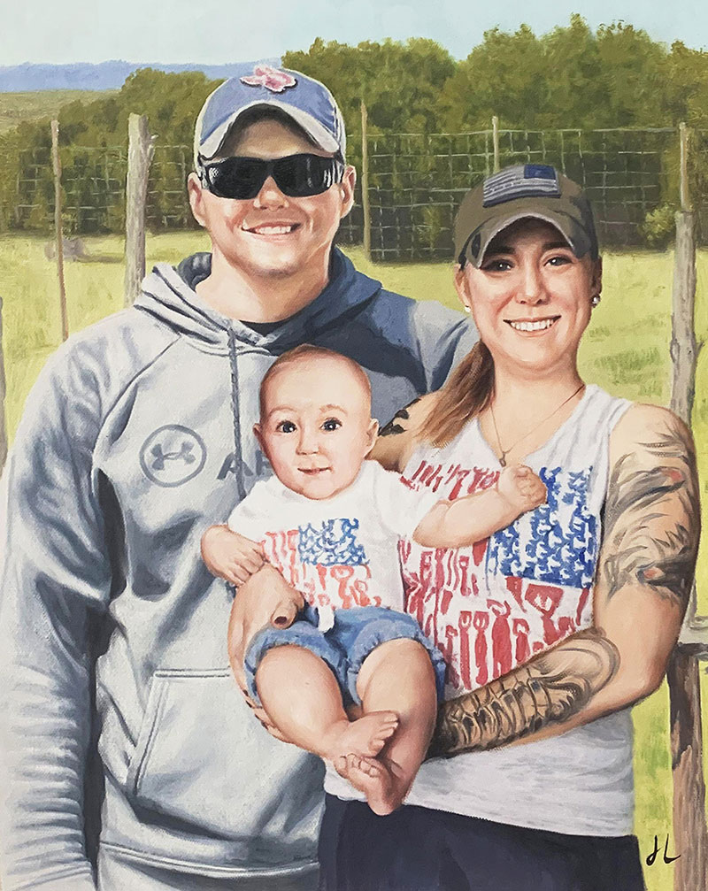 Custom oil artwork of a couple with a baby