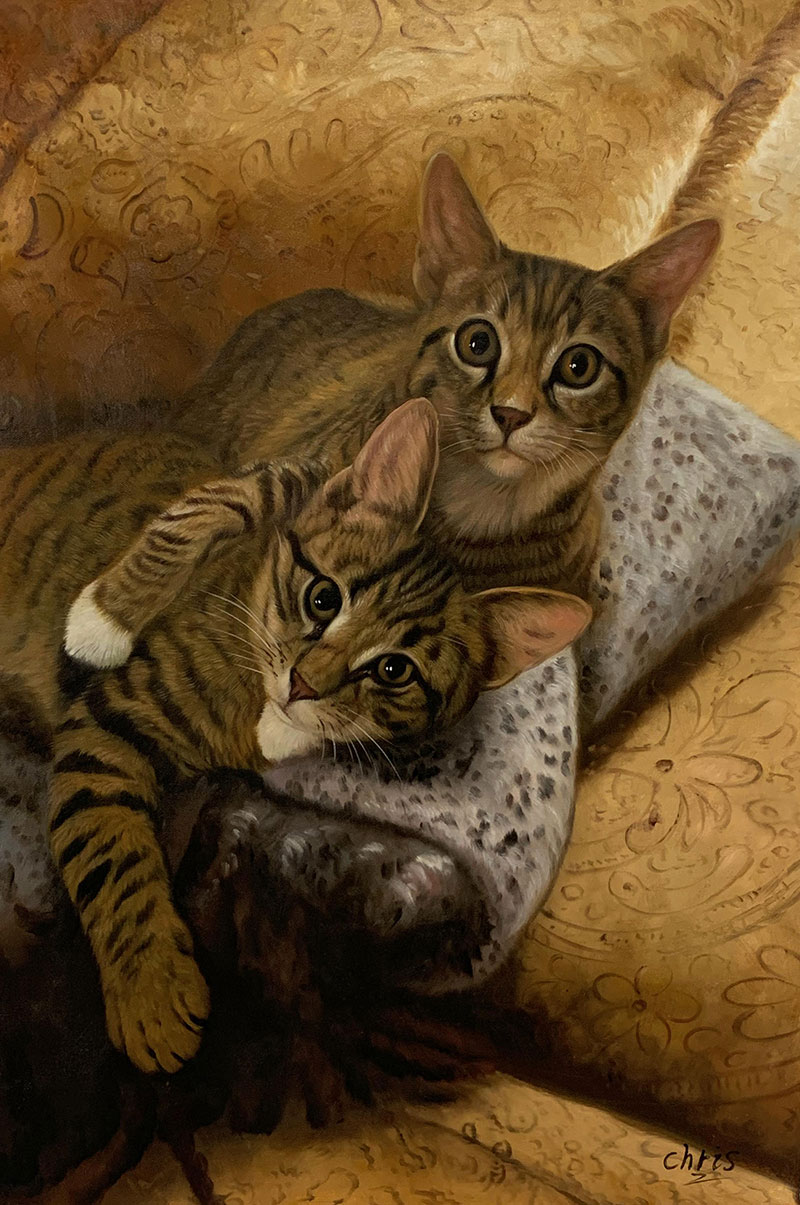 Custom handmade oil painting of two cats