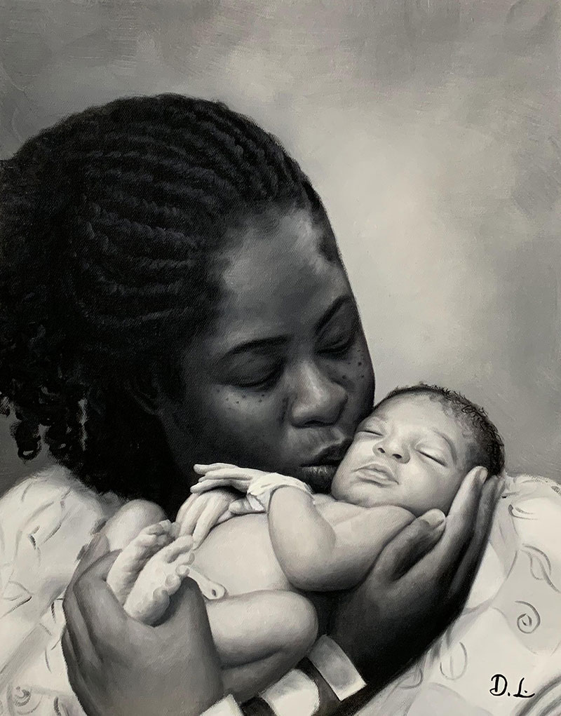 Black and white painting of a mother tenderly holding and kissing her newborn baby.