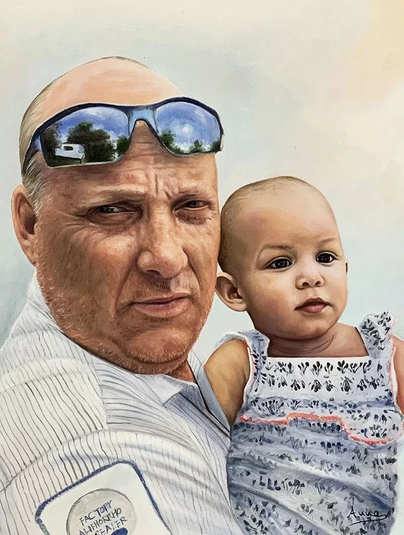 Beautiful oil painting of a grandfather and child