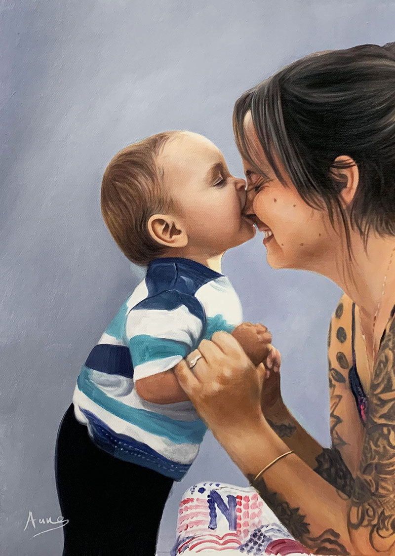 Gorgeous handmade oil painting of a mother and a son